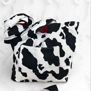 Stylish Black and White Cow Print Tote Bag with matching keychain